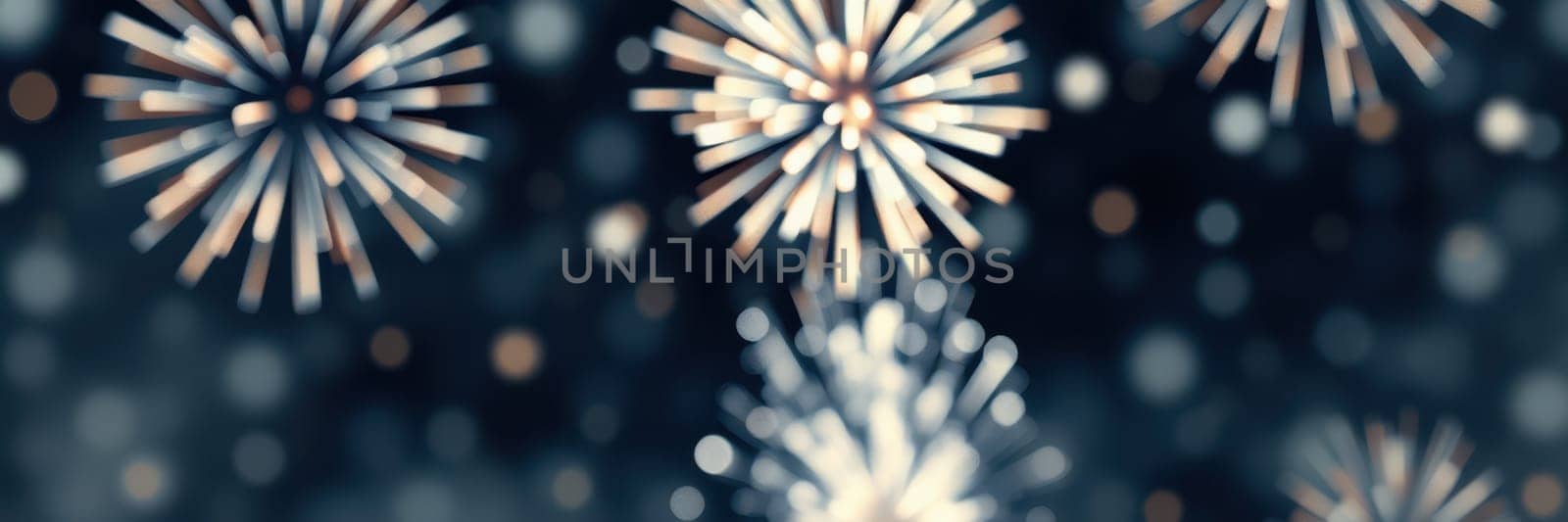 Bright fireworks burst into the night sky, creating a dazzling display of colors above an urban landscape. The atmosphere is filled with excitement as onlookers celebrate.