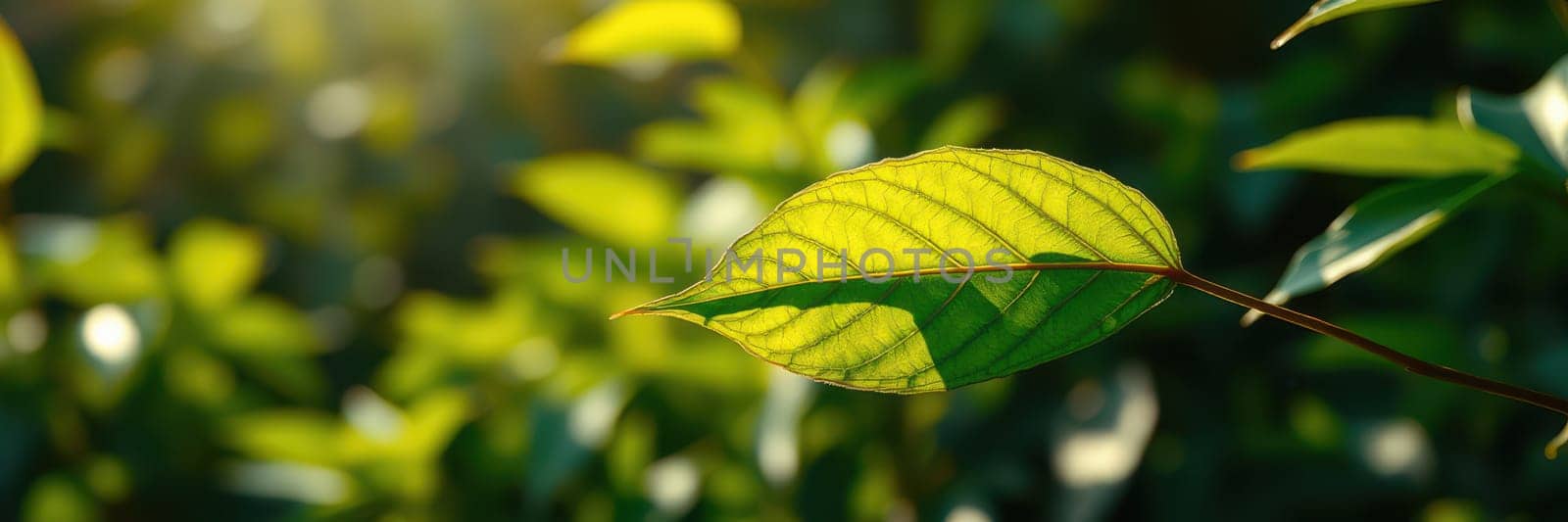 Sunlight gently illuminates lush green leaves, showcasing intricate patterns and textures, creating a tranquil atmosphere in nature during a bright afternoon.