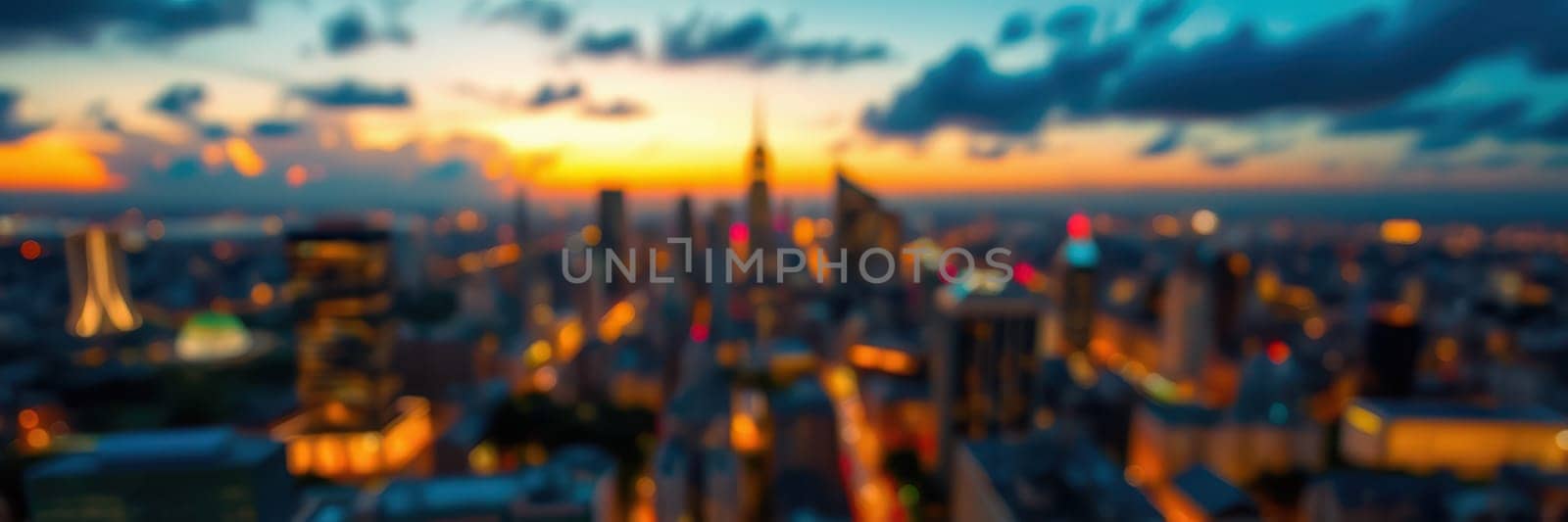 Bright city lights shimmer as the sun sets, casting warm colors over skyscrapers. A bustling urban landscape presents a vibrant atmosphere at twilight.