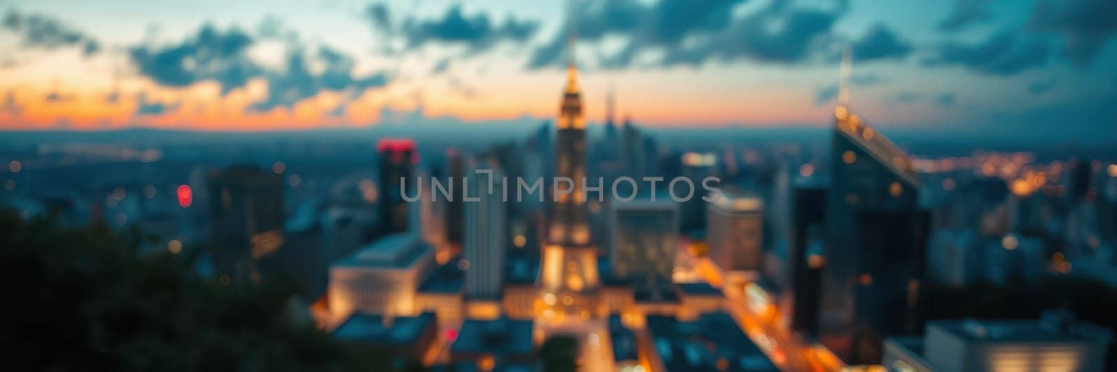 A vibrant city skyline is illuminated as the sun sets, casting warm hues across the cloud-filled sky. The urban landscape showcases tall buildings and glowing lights.