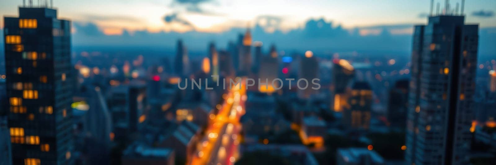 A bustling city skyline comes alive at dusk, showcasing glowing lights reflecting on the streets below. The urban landscape features tall buildings, creating a vibrant nighttime atmosphere.