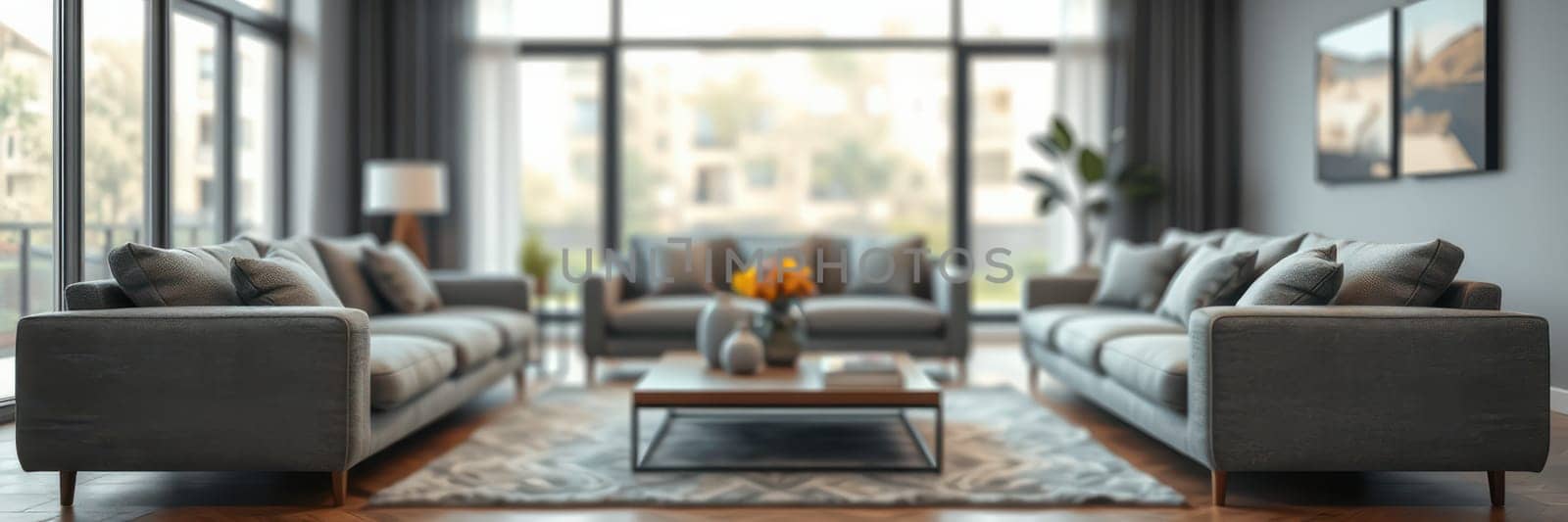 A stylish living room features two grey sofas, a wooden coffee table, and a vibrant flower arrangement, illuminated by natural light from large windows.