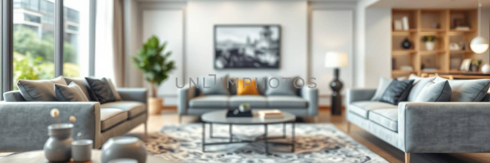 This living room features elegant gray sofas, a round coffee table, and a bright atmosphere created by large windows overlooking greenery. A warm accent adds charm.