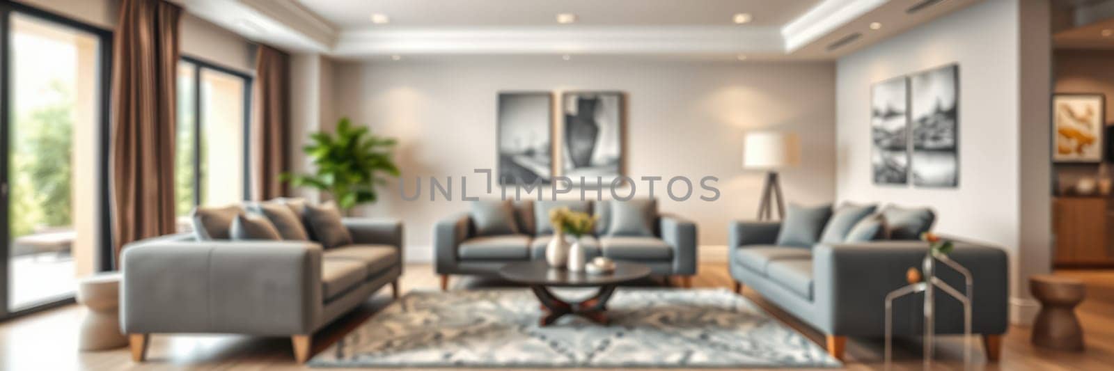 This stylish living room showcases grey sofas, a round coffee table, and modern artwork on the walls. Natural light enhances the inviting atmosphere created by plants and soft furnishings.