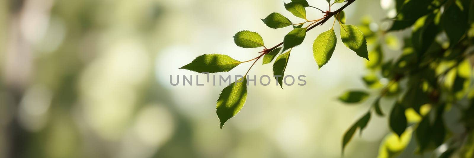 Sunlight filters through bright green leaves, showcasing their vibrant colors in a peaceful outdoor environment. The calm morning atmosphere enhances the beauty of nature.