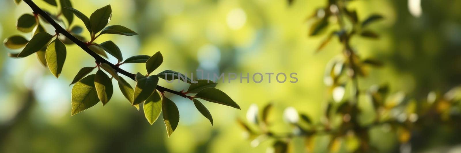 Sunlight streams through vibrant green leaves, creating a serene atmosphere in a lush forest. The interplay of light and foliage highlights the beauty of nature.