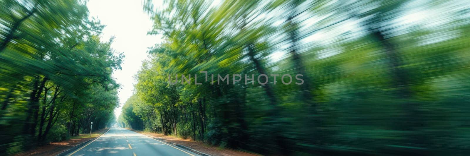 A car travels swiftly down a tree-lined road, surrounded by lush greenery under soft morning light, evoking a sense of freedom and adventure.