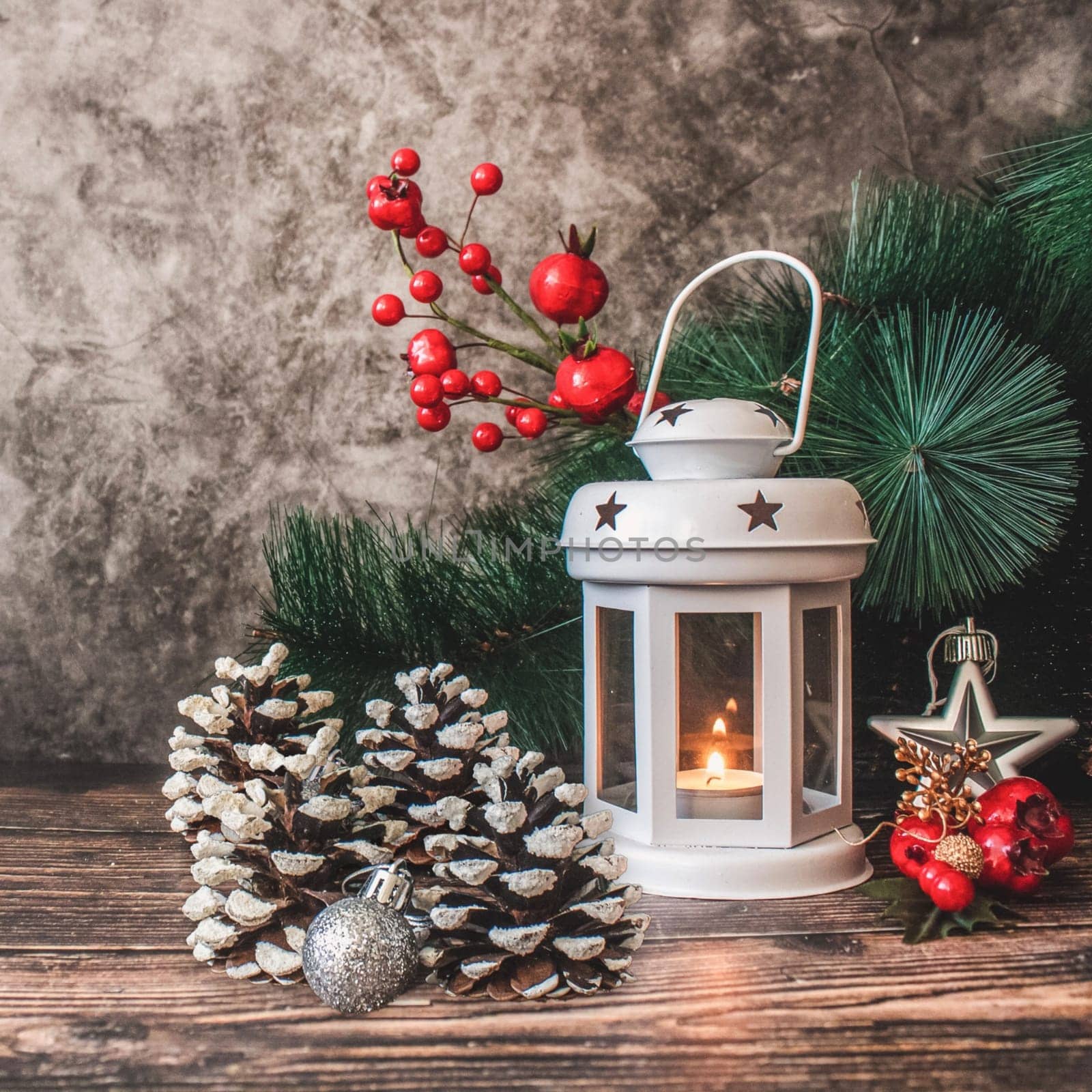 new year red green gray background christmas holiday, toys gifts star lamp fir branches, template. High quality illustration