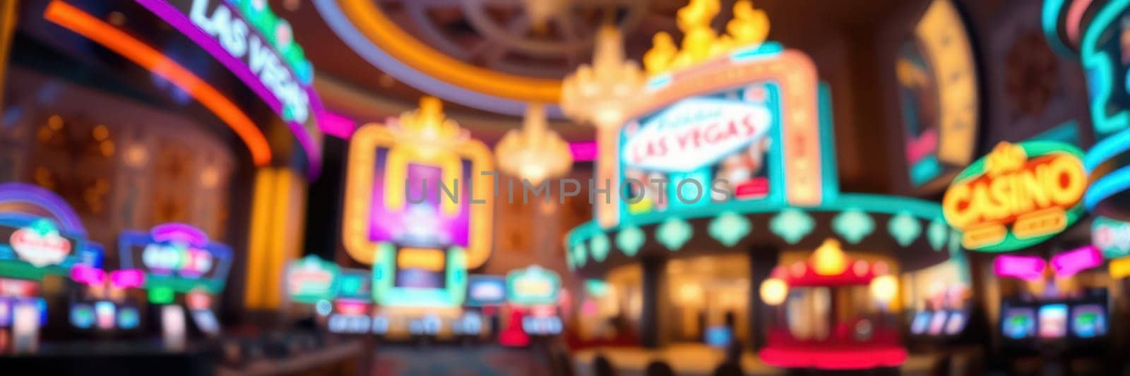 A bustling Las Vegas casino is filled with colorful neon lights and illuminated signage. Gamblers engage with slot machines and tables, enjoying the lively nightlife.