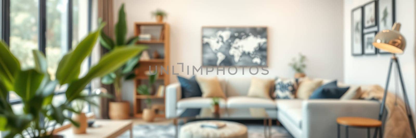 A light-filled living room features a modern sectional sofa adorned with cushions. Shelves filled with plants and a world map art piece create a welcoming atmosphere.