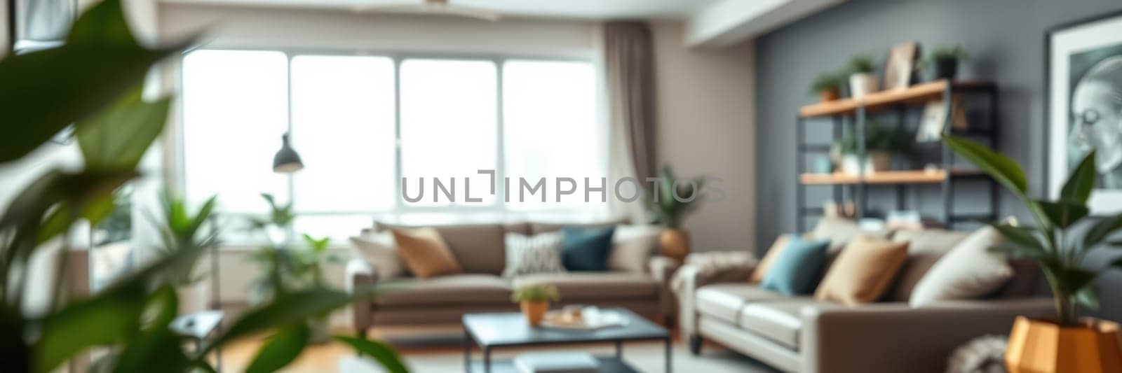 A stylish living room features comfortable seating with decorative pillows, houseplants, and large windows bathing the space in natural light.