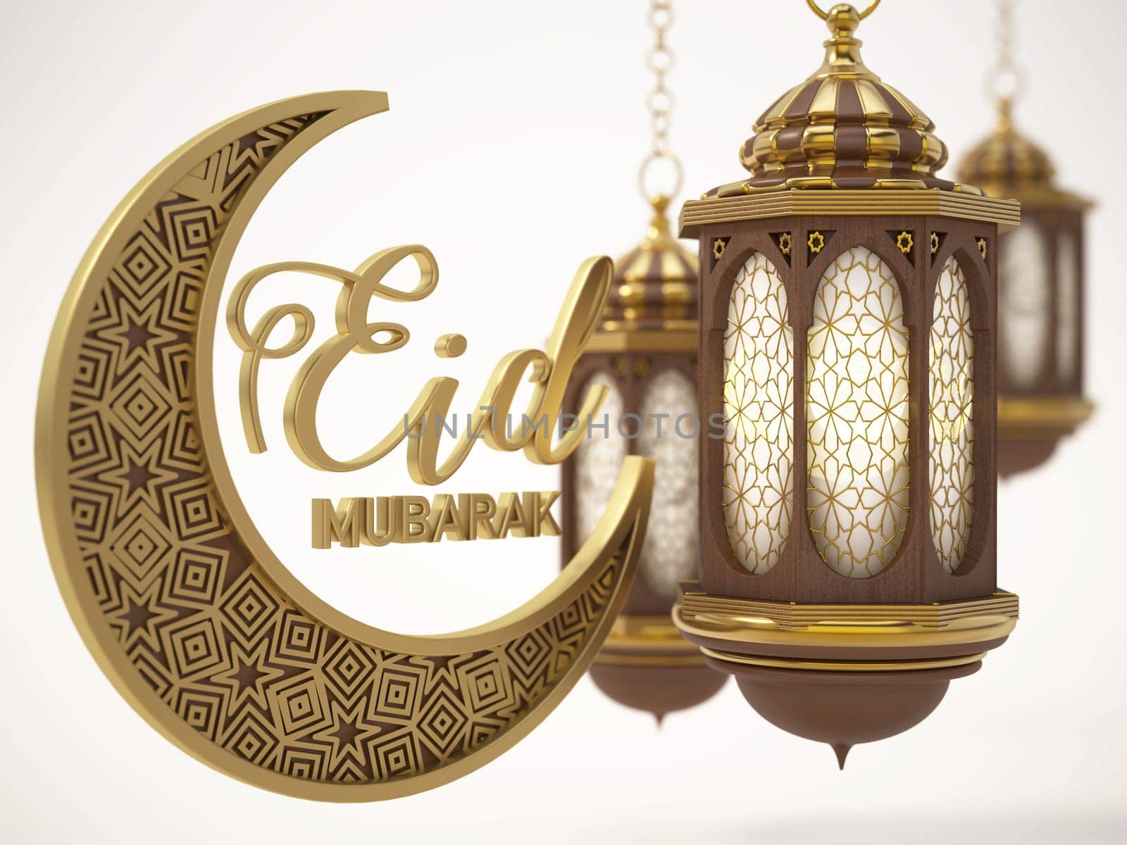 Eid Mubarak text, moon and lantern isolated on white background. 3D illustration.