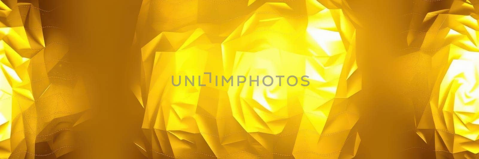 Bright, golden geometric shapes are illuminated, casting a warm glow. The intricate designs reflect light, creating an abstract and captivating atmosphere.
