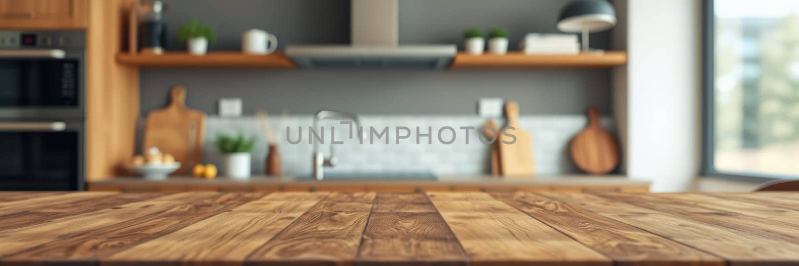 A spacious kitchen featuring a rustic wooden countertop, modern appliances, and shelves adorned with plants and utensils, creating a welcoming cooking environment.