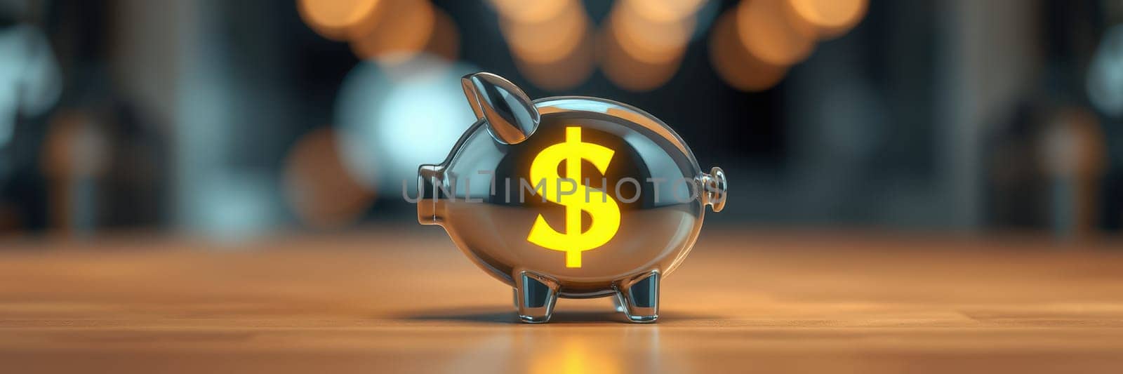 A sleek piggy bank featuring a luminous dollar sign sits on a polished wooden surface, symbolizing financial savings and investment strategies in a modern setting.