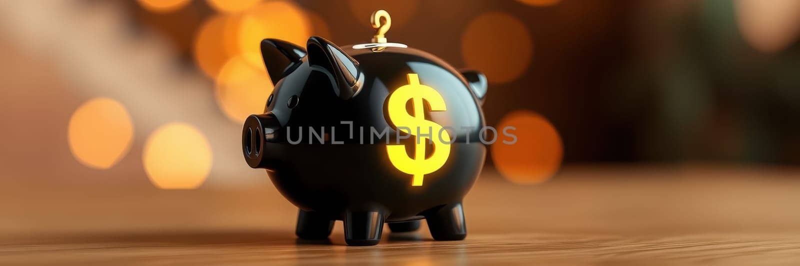 A black piggy bank featuring a glowing dollar sign sits on a rustic wooden table. Soft, warm lights create a festive atmosphere, suggesting holiday savings or financial planning.