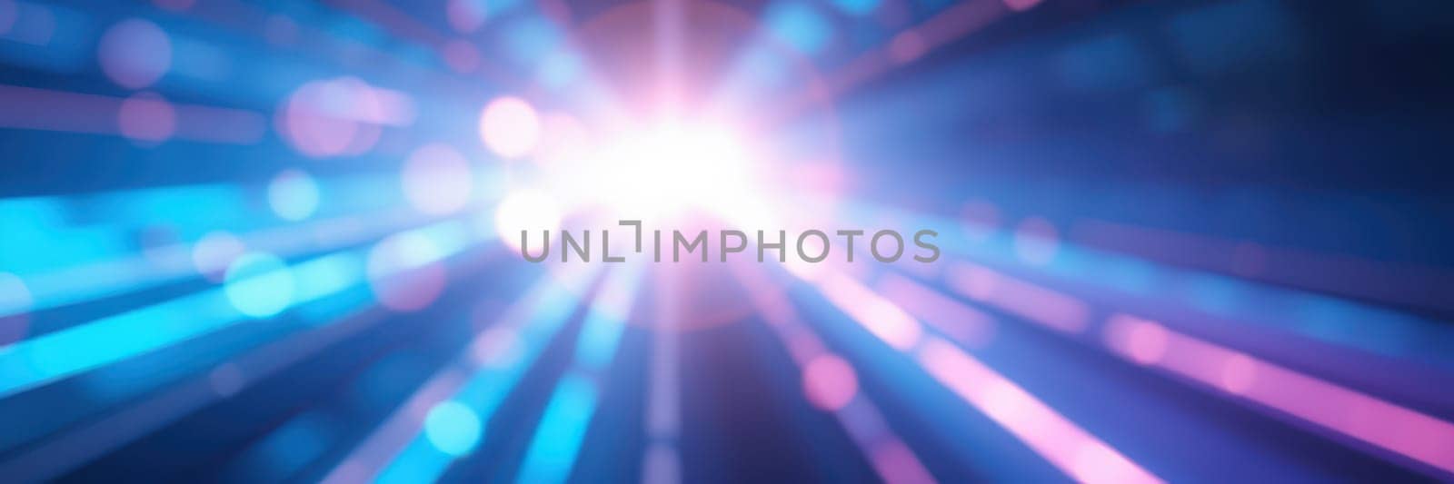 Bright, colorful light beams spread outward in various shades, creating an energizing atmosphere. The rays suggest a festive or celebratory environment filled with movement.