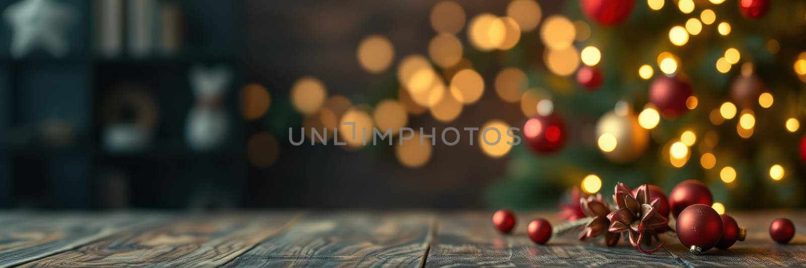 A table adorned with red ornaments rests in front of a beautifully lit Christmas tree. The warm bokeh lights create a cheerful holiday ambiance, inviting warm memories and joy.