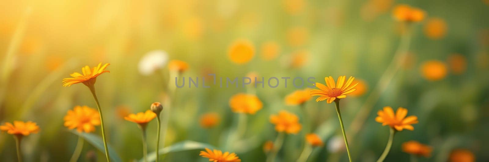A lush meadow bursts with bright yellow flowers under the warm glow of the afternoon sun. Green grass sways gently in the breeze, creating a peaceful spring atmosphere.