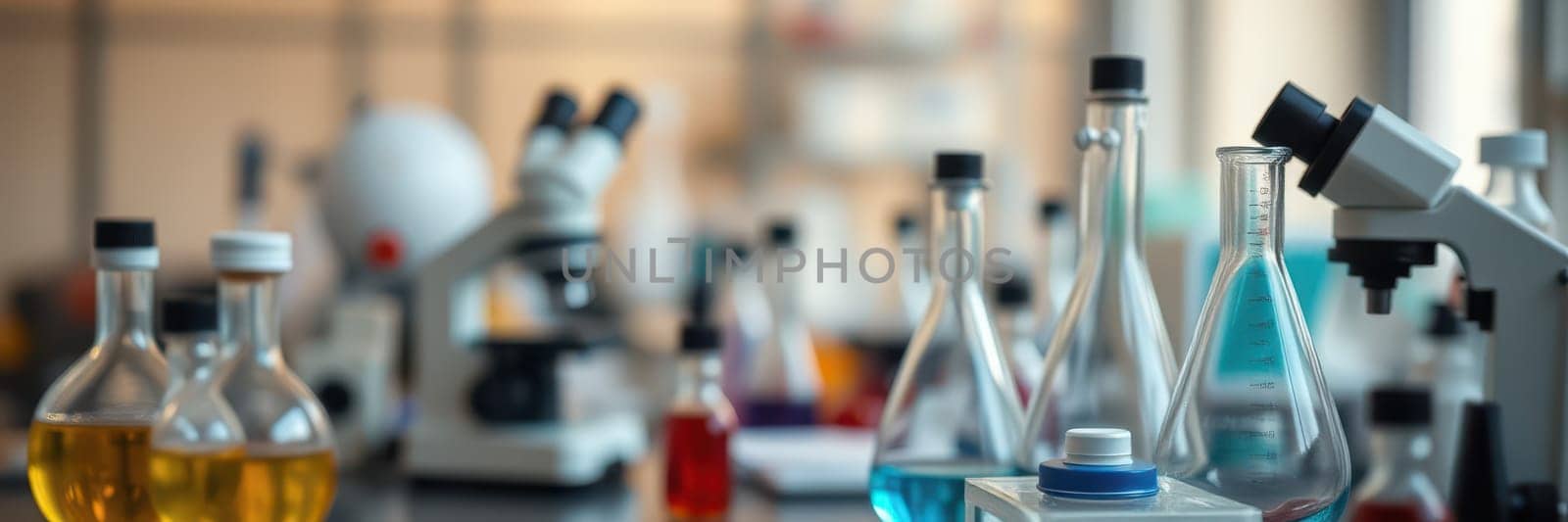Various types of laboratory glassware are filled with colorful liquids in a well-organized scientific space. Microscopes and equipment are visible, indicating an active research environment.