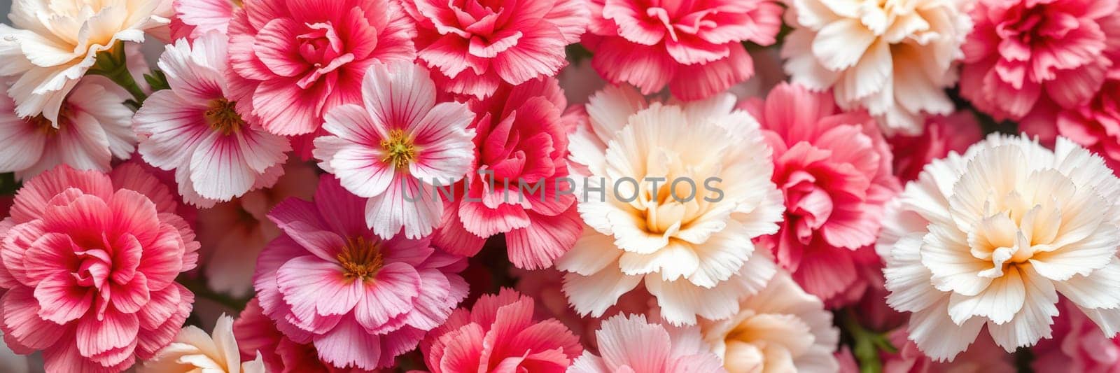 Vibrant carnations bloom in shades of pink and white, showcasing their delicate petals under natural light, creating a lively atmosphere in a spring garden.