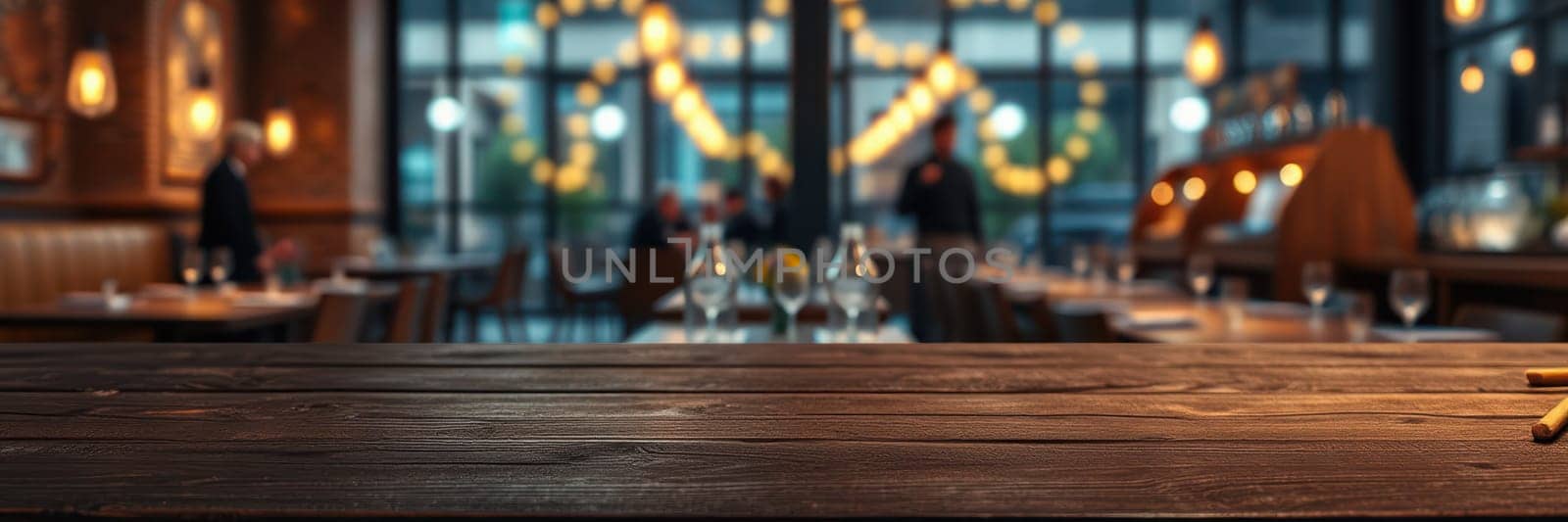 A warm and inviting restaurant features rustic wooden tables and stylish decor, creating a cozy atmosphere. Soft ambient lighting enhances the dining experience in the evening.