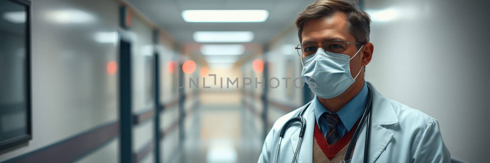 A healthcare worker stands in a well-lit hospital corridor, wearing a mask and coat, looking focused and prepared for the day’s challenges. The environment is clean and professional.