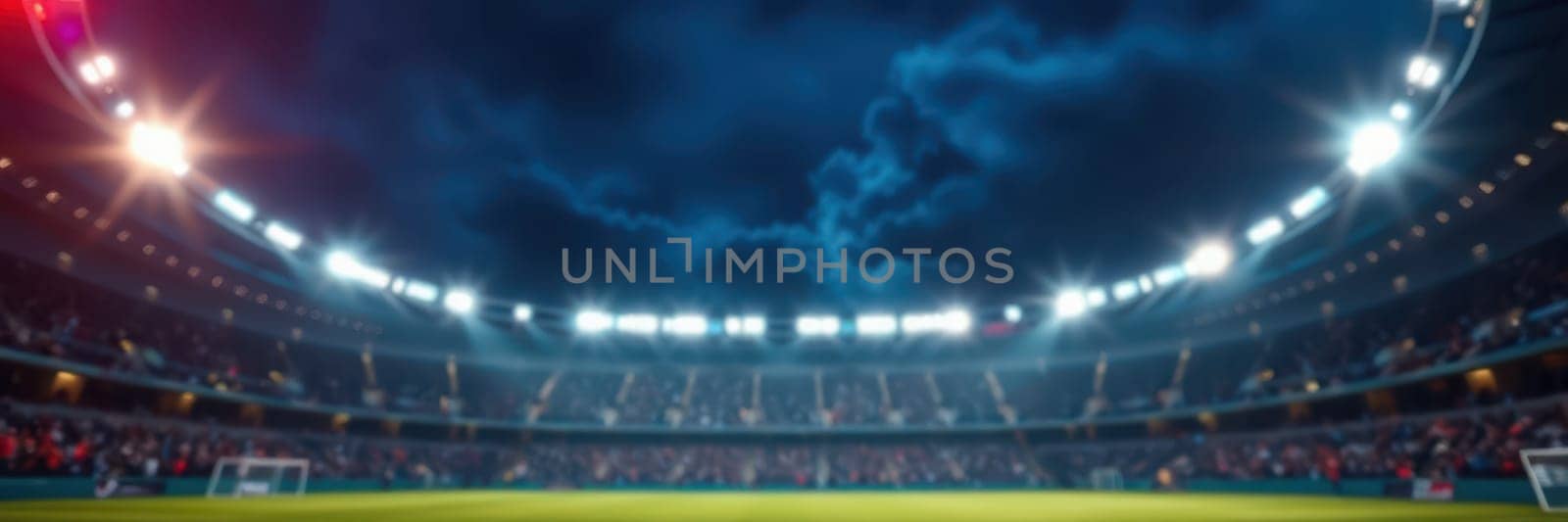 A large sports stadium is filled with bright lights shining down on a green soccer field. Spectators can be seen cheering in the stands. The sky looks dramatic with dark clouds.