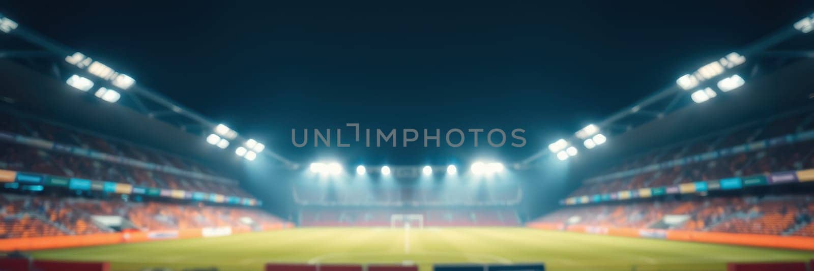 Bright stadium lights illuminate the football field at night, creating an energetic atmosphere. Fans cheer from the stands as players prepare for the game ahead.