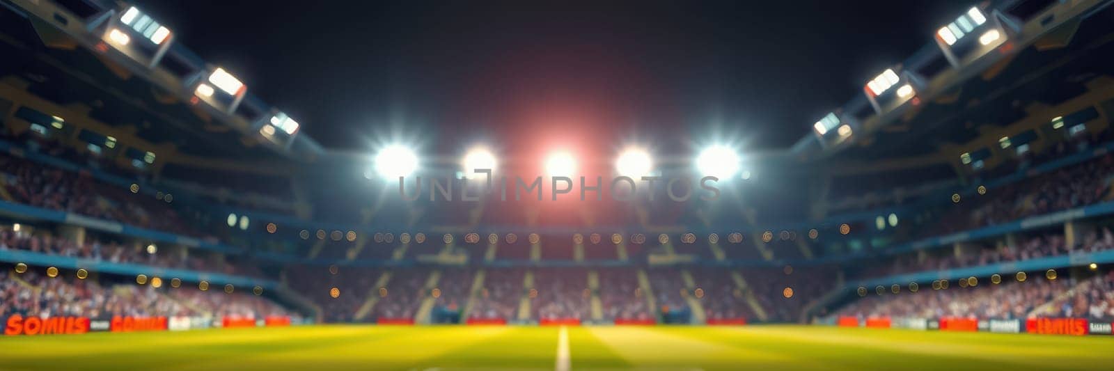 Spectators fill the stands as floodlights shine brightly over the vibrant soccer field, creating an electrifying atmosphere for an exciting match under the night sky.