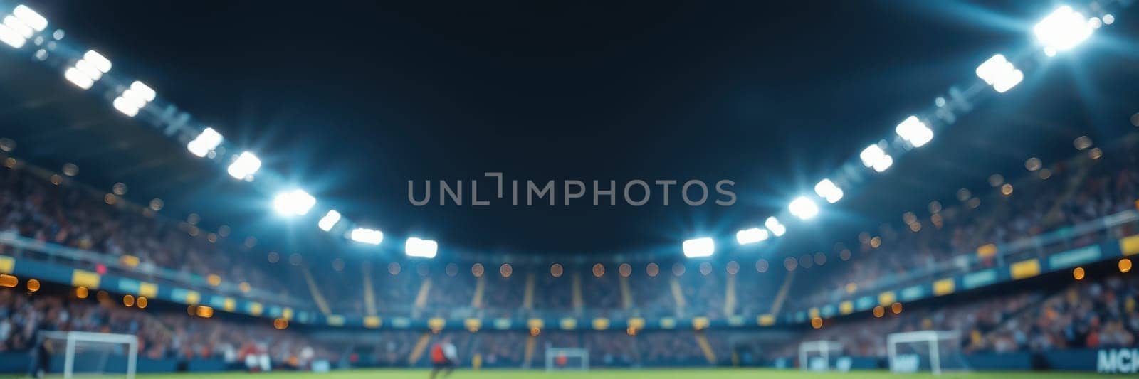 Bright stadium lights illuminate the field as fans cheer passionately in the stands. Players are poised for action during this exciting evening football match.