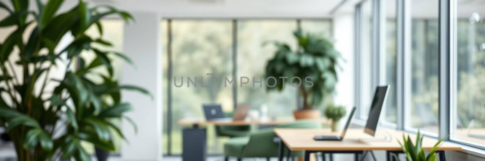 Bright and airy workspace features wooden desks, comfortable seating, and large windows that let in natural light, creating a tranquil atmosphere for collaboration and focus.