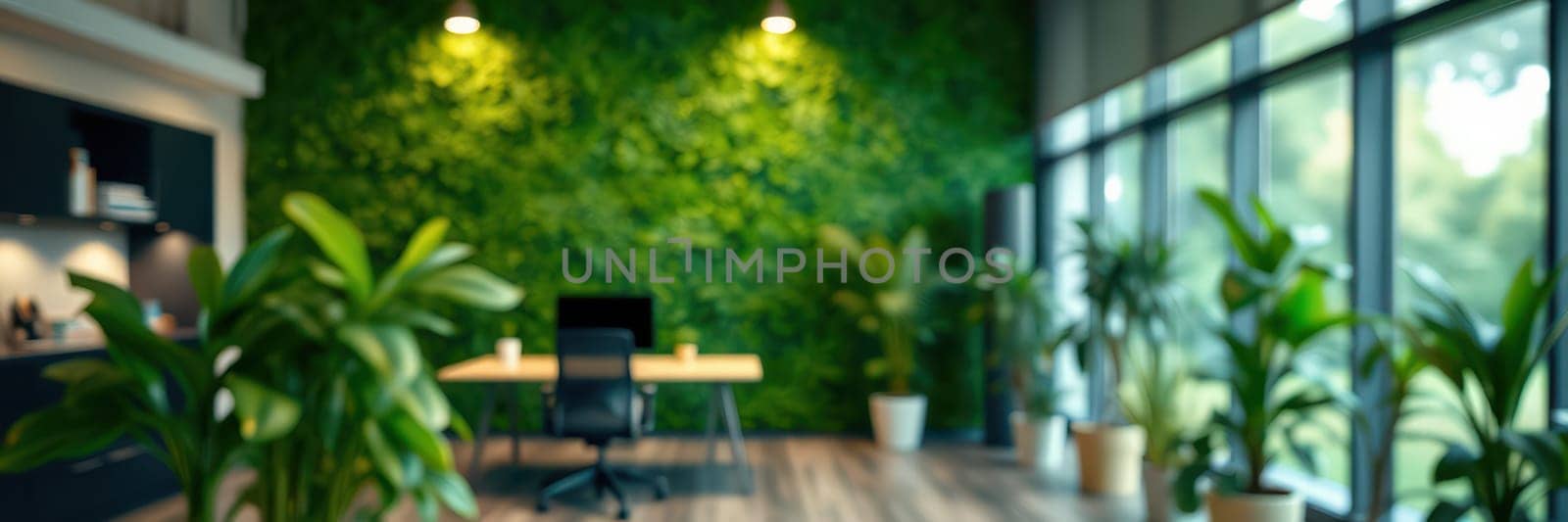 Bright and inviting workspace features a green living wall and large windows. Plants are strategically placed around a simple desk and chair, creating a tranquil vibe.