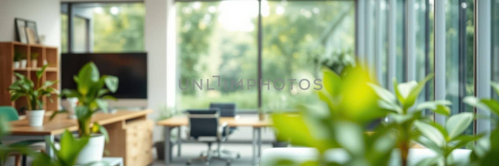 A spacious office environment features natural light pouring in through large windows. Desks are arranged neatly, accompanied by lush plants that enhance the atmosphere.