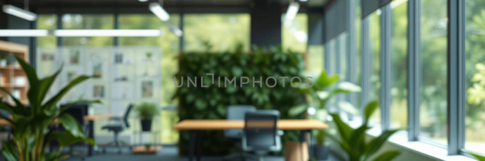 Bright and open office environment with large windows allowing natural light. Potted plants add a touch of greenery, creating a fresh atmosphere for work.