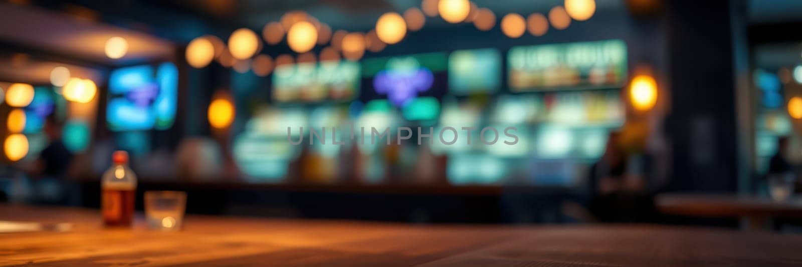 A vibrant bar atmosphere glows softly in the evening. Friends gather around a wooden table, enjoying drinks and laughter amidst cheerful decor and illuminated bulbs.