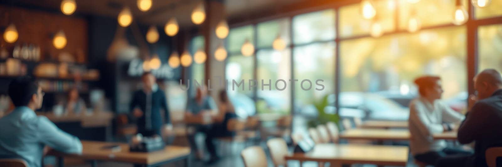 Patrons engage in conversation in a cozy cafe filled with warm lighting and a relaxing ambiance. The golden hour sunlight creates a welcoming environment for social interaction.