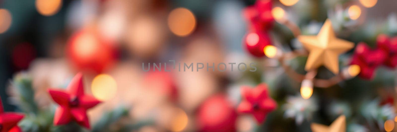 A vibrant Christmas tree features red flowers and golden stars among colorful ornaments. Twinkling lights create a warm, festive atmosphere, highlighting holiday joy.