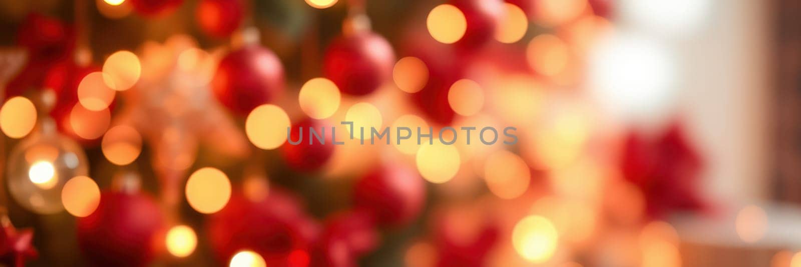 A beautifully decorated Christmas tree filled with bright red ornaments and glowing lights fills the room with a warm, festive ambiance during the holiday season. The soft blur adds a magical touch.
