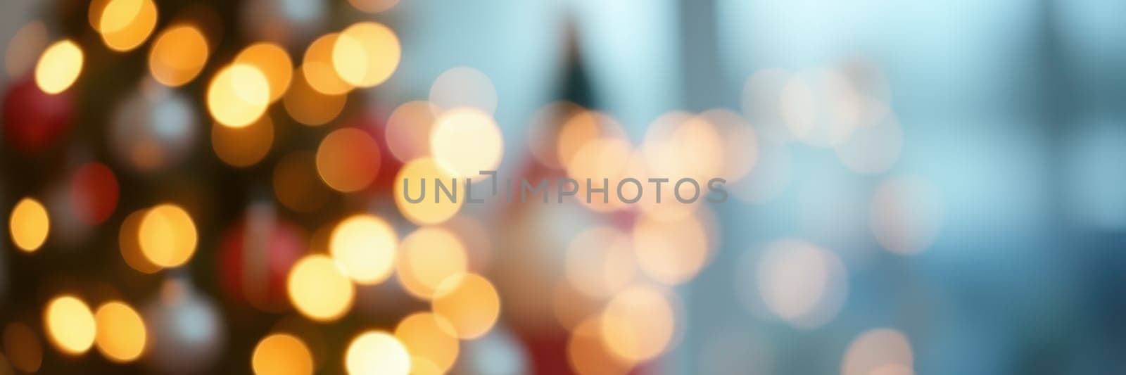 Soft bokeh lights in warm colors fill the background, creating a cozy and festive atmosphere in an indoor space decorated for the holiday season. The blurred lights evoke a sense of joy and warmth.
