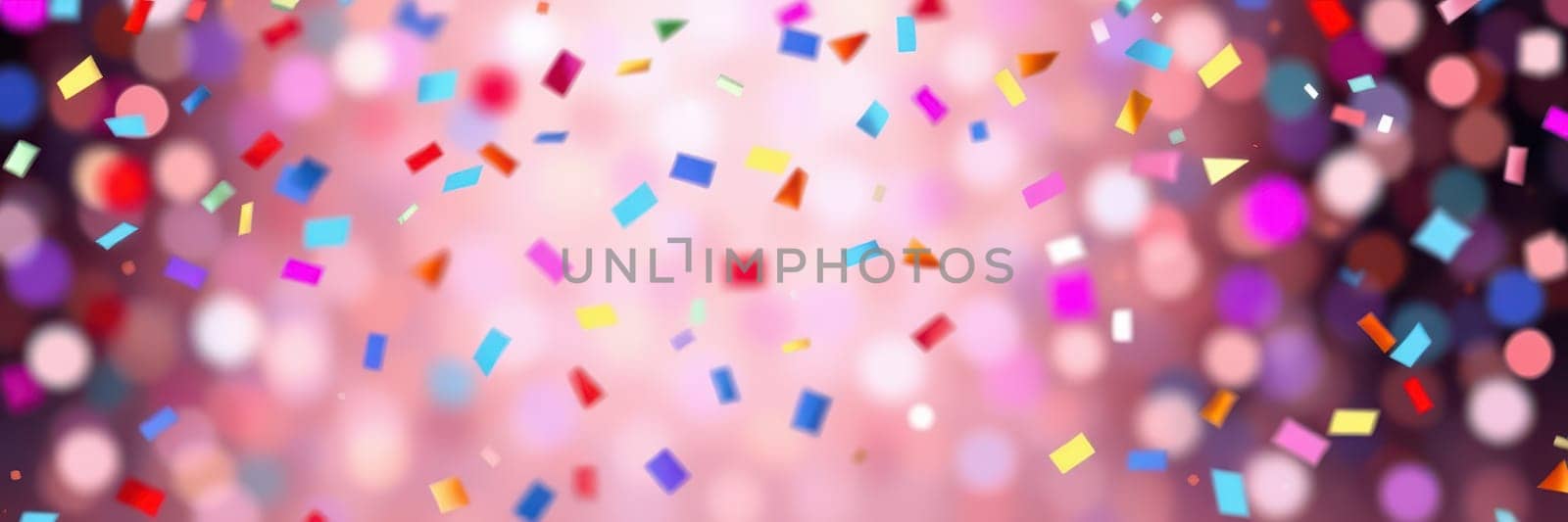 Bright confetti in various shapes and colors falls against a backdrop of shimmering lights, creating a lively atmosphere perfect for a party or celebration.