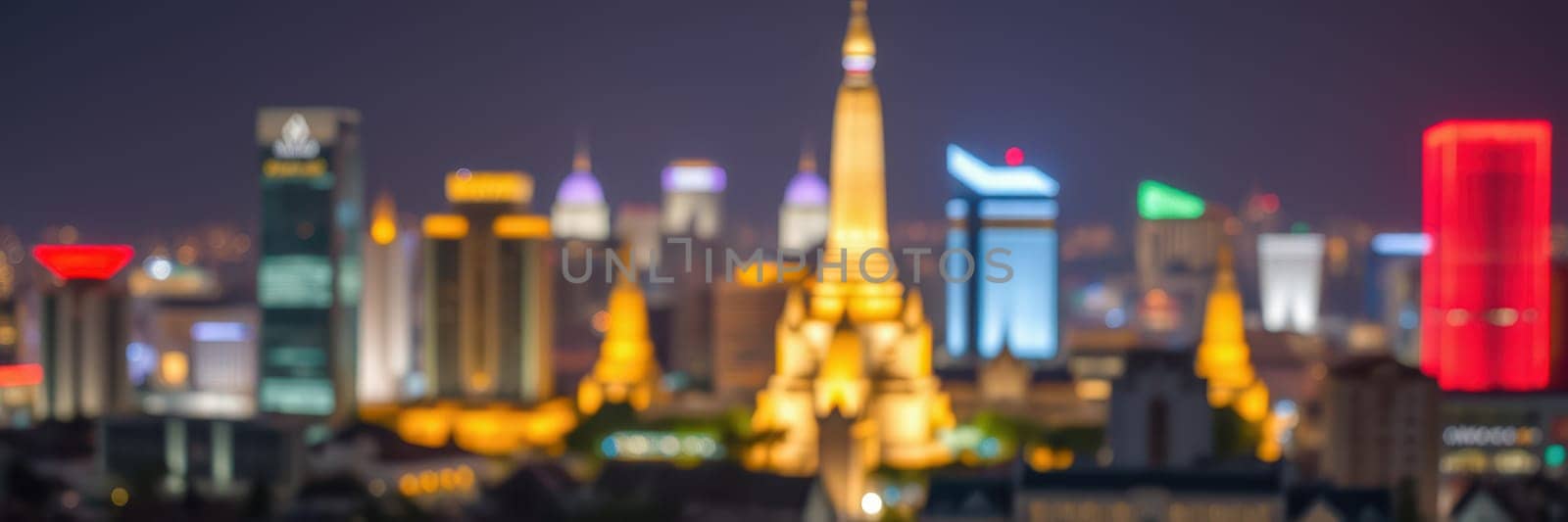 A vibrant city skyline is illuminated by multicolored lights at night, with a prominent landmark standing out. The scene showcases the energy of urban living and modern architecture.