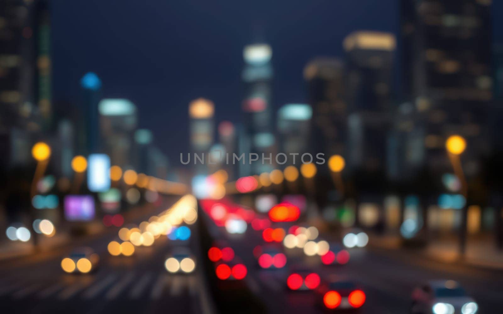 A bustling urban street is alive with vibrant city lights as vehicles rush by in the evening. The blurred motion captures the energy of the city as night falls.