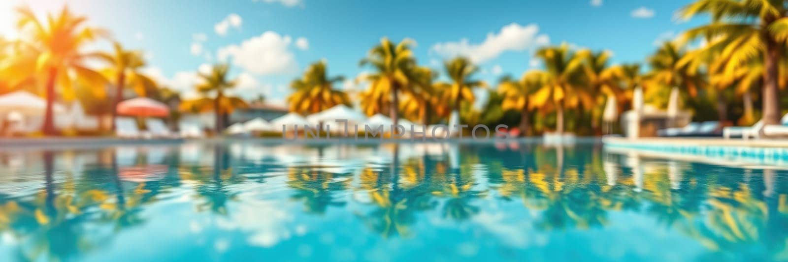 Bright sunlight casts reflections on the clear water of a pool surrounded by lush palm trees. Loungers and umbrellas create an inviting spot for relaxation in a tropical resort.