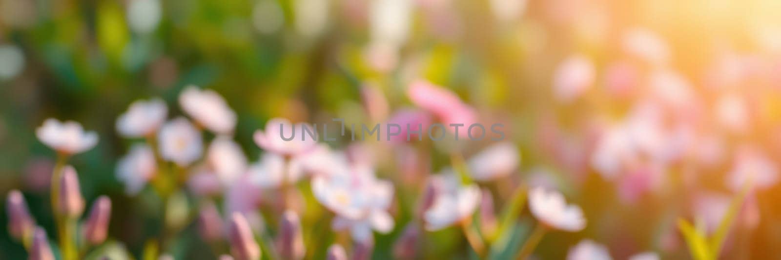 Soft petals of various flowers are illuminated by warm sunlight, casting a serene atmosphere in a vibrant garden during the late afternoon.