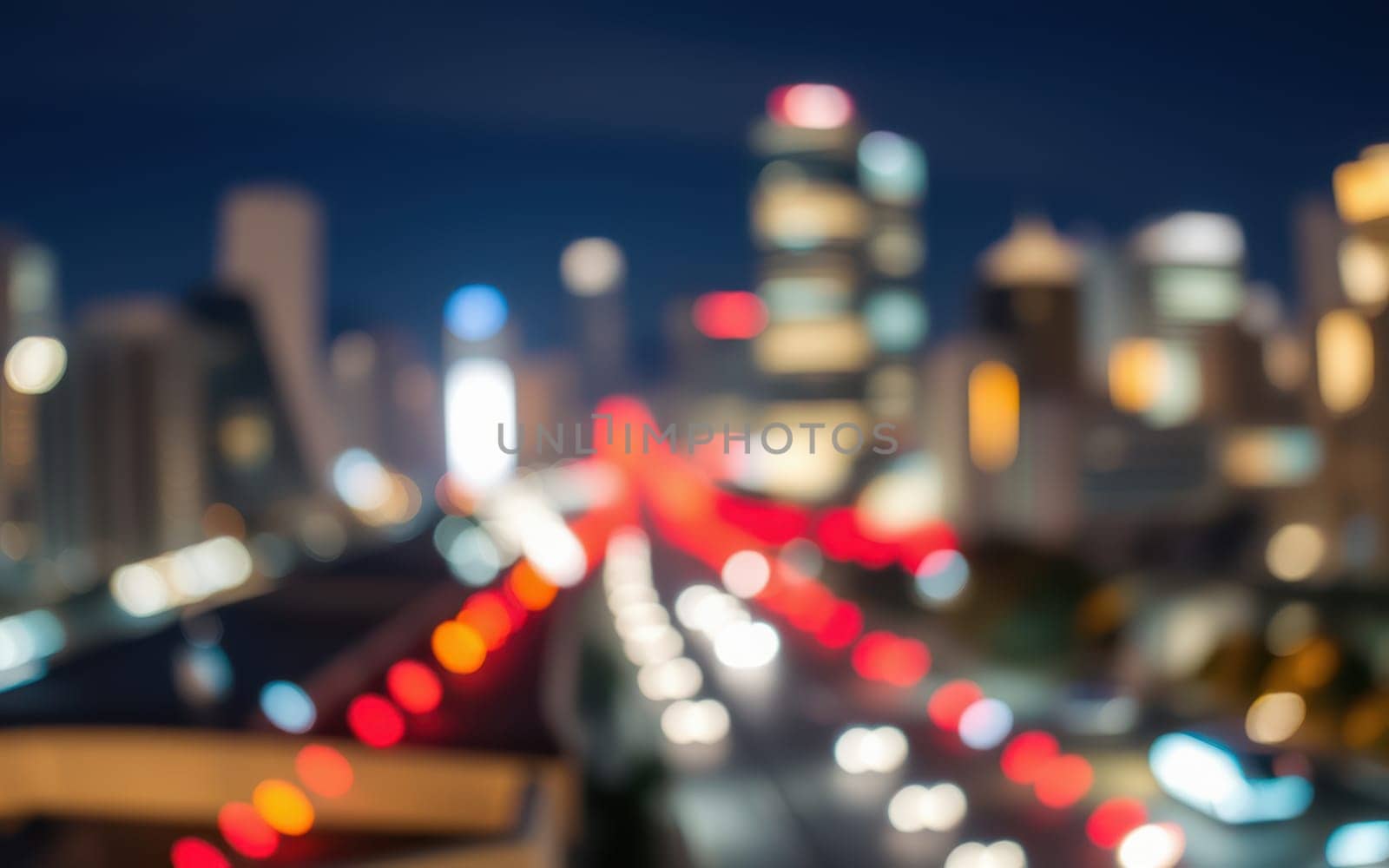 A bustling urban environment is alive at night with colorful lights from buildings and passing vehicles. The blurred effect evokes a sense of movement and energy in the city.