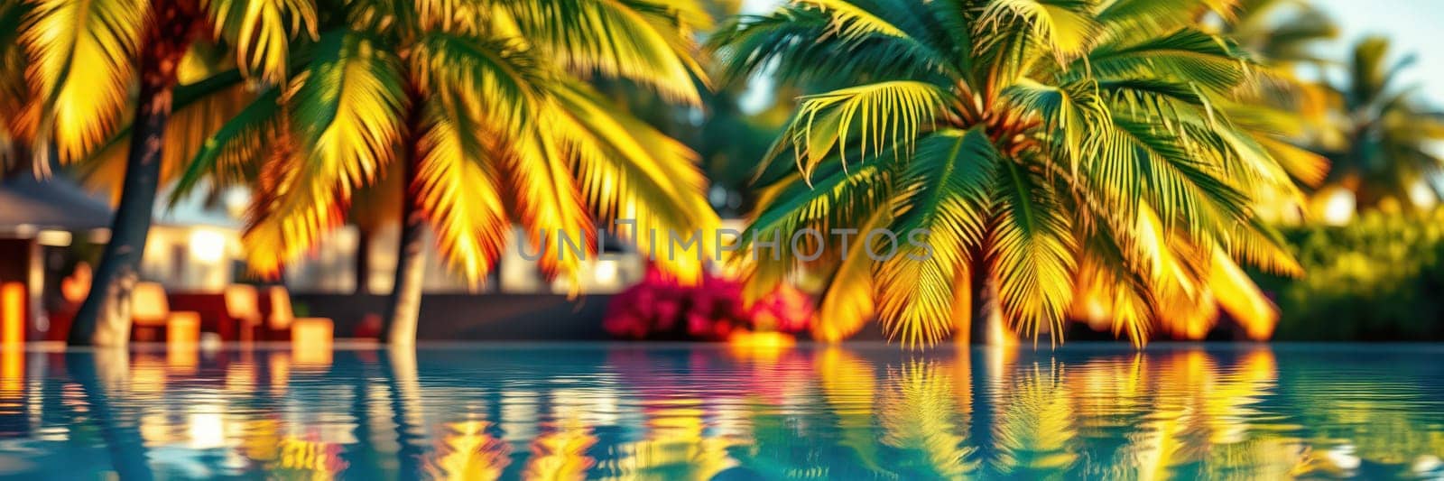 Vibrant palm trees surround a serene pool, reflecting in the water as the sun sets, creating a peaceful and idyllic atmosphere perfect for relaxation.