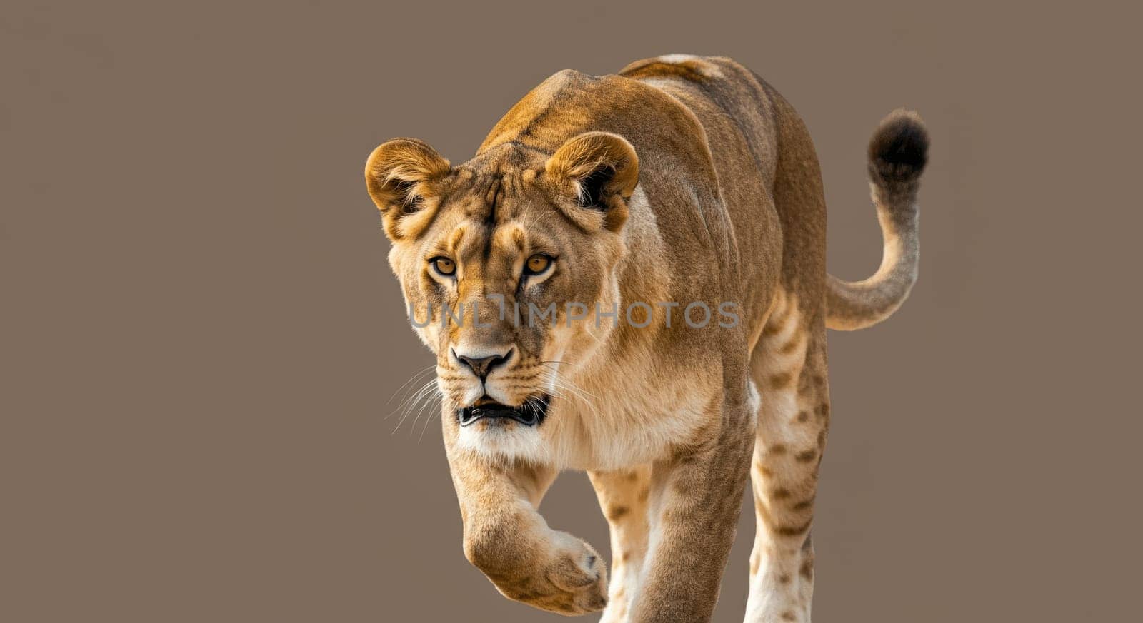 A powerful lioness strides forward with graceful determination, her focused gaze her majestic presence. the neutral background accentuates her tawny fur and muscular build, making this perfect for wildlife-themed designs.