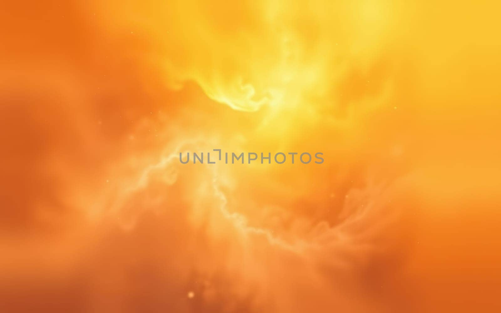 Bright orange clouds fill the sky, radiating light and warmth during a stunning sunset. The colors blend seamlessly, creating a captivating atmosphere over the peaceful terrain.