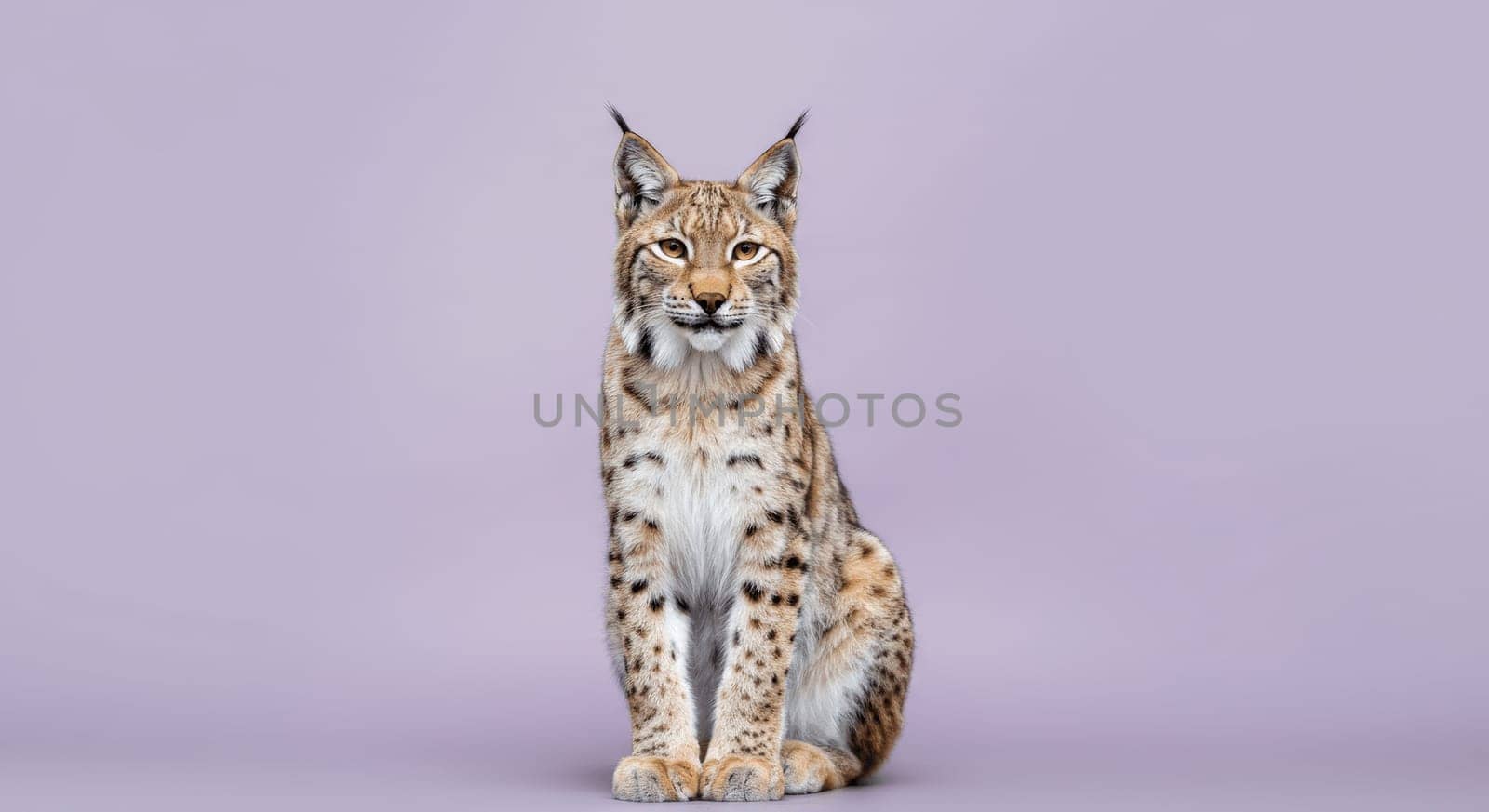 European lynx sits gracefully against a muted purple backdrop. its striking tufted ears and patterned fur highlight the elegance and power of this solitary wildcat, embodying beauty and wilderness.